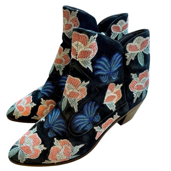 Rebecca Minkoff Booties Embroidered Suede Heels Size 9.5 - Picture 1 of 6
